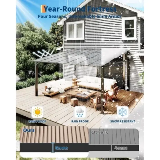 12' x 16' Lean to Hardtop Gazebo, Wall-Mounted Pergola with Polycarbonate Roof, Heavy Duty Aluminum Awnings for Patio, Deck, Porch, Backyard, Garden image {2}