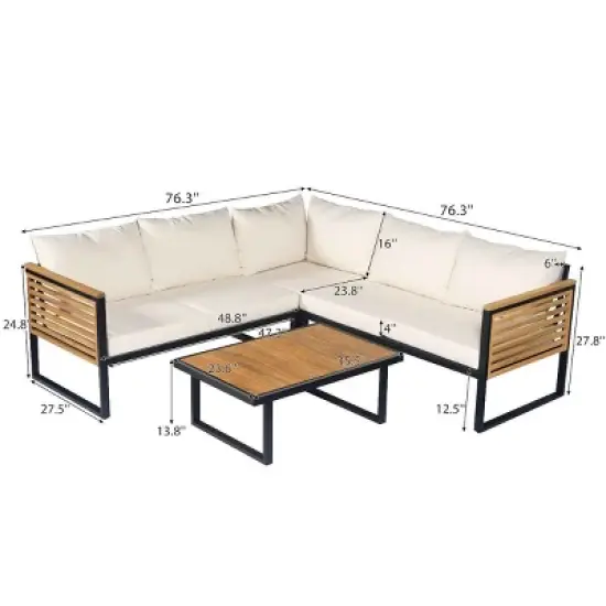 4 PCS Outdoor Sofa Set, Industrial Style Sofa Set with Table, Acacia Wood Sofa with Metal Frame and Polyester Cushion-Coolbibila image {3}