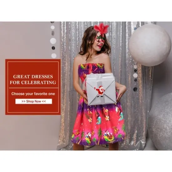 HAPPY BAY Women's Casual Beach Summer A line Slit Smocked Mini Dress Short Strapless Christmas Outfits for Women One Size Santa Reindeer Sleigh, Pink image {5}