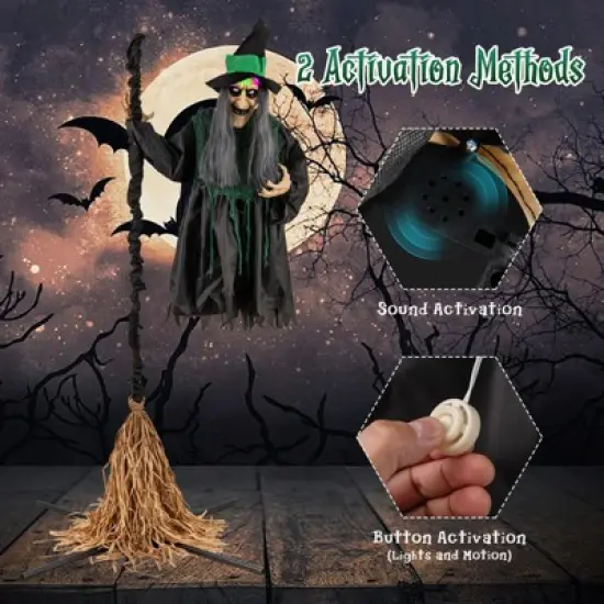 Tangkula Witch with Broomstick Halloween Animatronic Life Size Animated Halloween Prop with Laughing and Screaming Sound LED Lights image {6}