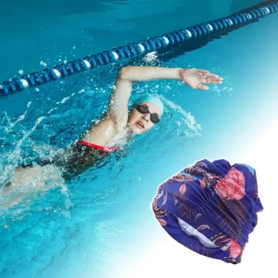 Unique Bargains Polyester Leaves Pattern Swim Cap 5.91"x9.25" Blue Pink 1 Pc image {1}