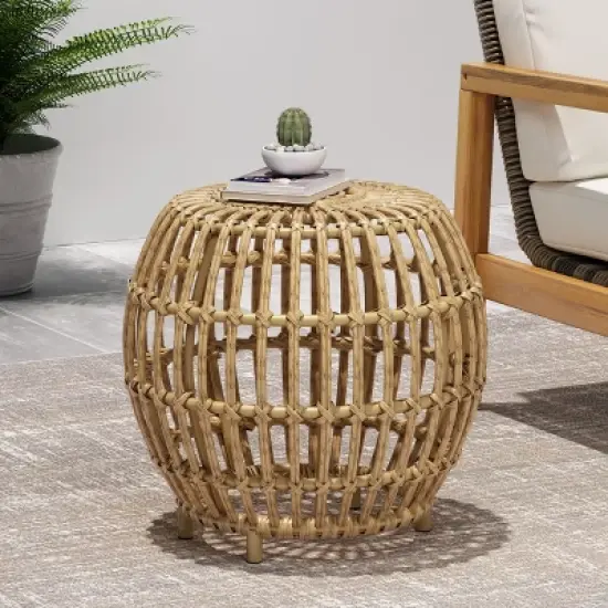 GDFStudio Whitetail Outdoor Boho Wicker Side Table, Light Brown image {1}
