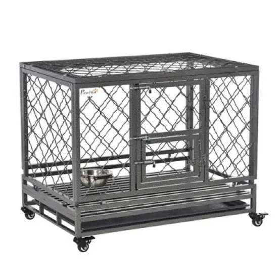 PawHut Heavy Duty Dog Cage Metal Kennel and Crate Dog Playpen with Lockable Wheels, Slide-out Tray, Food Bowl and Double Doors image {6}