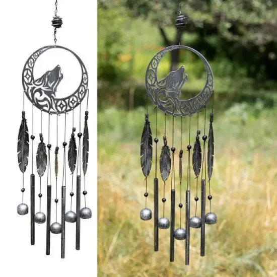 Dawhud Direct 27.5" H Rustic Charcoal Wolf Dreamcatcher Wind Chimes - Outdoor image {3}