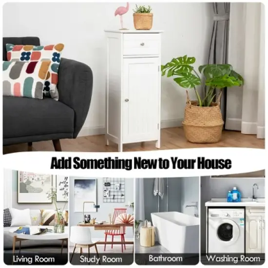 Costway Wooden Bathroom Floor Storage Cabinet Organizer with Drawer and Adjustable Shelf image {5}