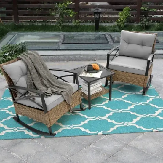 Patio Rocking Rattan Chairs With Steel Table,3-Piece Chaise Rocking Chair Set,Patio Rocking Chairs With Armrests -Maison Boucle image {8}
