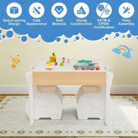Yinvani 4-in-1 Wooden Activity Kids Table and Chairs with Storage and Detachable Blackboard image {3}
