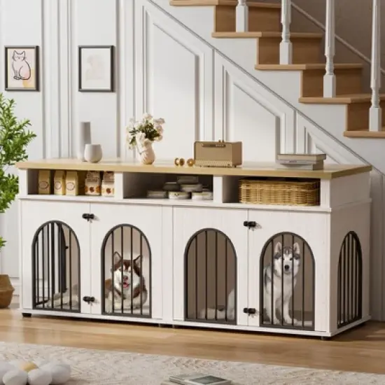 Double Dog Crate Furniture 71" Dog Kennel Furniture for 2 Medium Dogs, Heavy Duty Dogs Cage XL Dogs House Indoor with 3 Storage Shelves image {7}