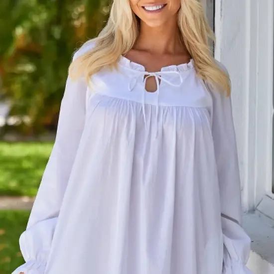 Women's Cotton Victorian Poet's Nightgown with Pockets, Juliet Long Sleeve Lace Trim Front Tie Long Vintage Night Dress Gown image {4}