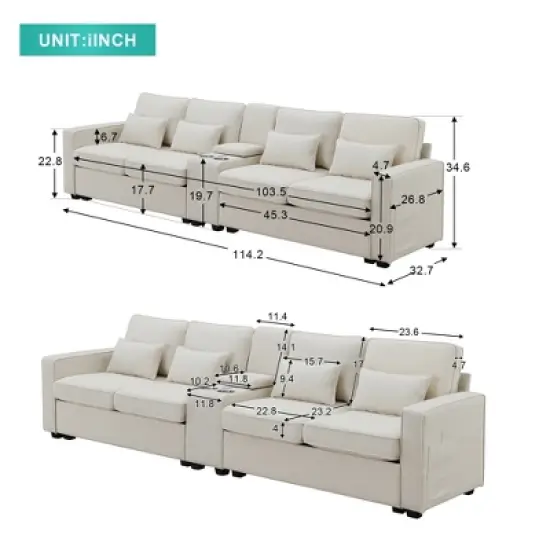 114.2" Modern Linen Upholstered Sofa with Console, 2 Cup Holders, 2 USB Ports, Wireless Charging and 4 Pillows - ModernLuxe image {2}