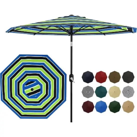 9ft Patio Umbrella, Outdoor Table, UV, Fade, Water Resistant, Crank Lift, Tilt, 8 Ribs, Metal Frame, Tricolor Stripe image {7}