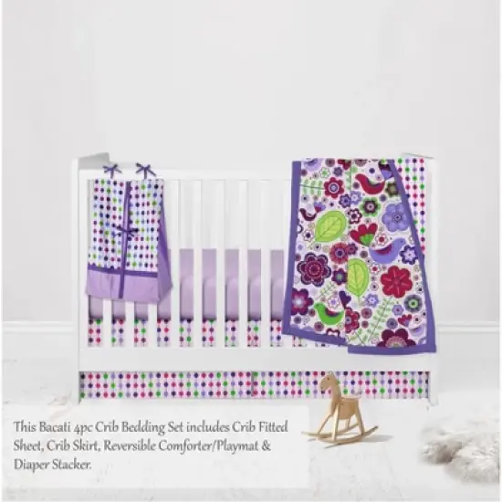 Bacati - Botanical Floral Birds Purple Multicolor 4 pc Crib Bedding Set with Diaper Caddy image {2}
