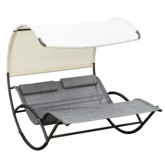 Resenkos Outdoor Double Chaise Rocking Chair, Day Bed Sun Lounger with Canopy Shade, Headrest Pillow, Armrests, Light Gray image {10}