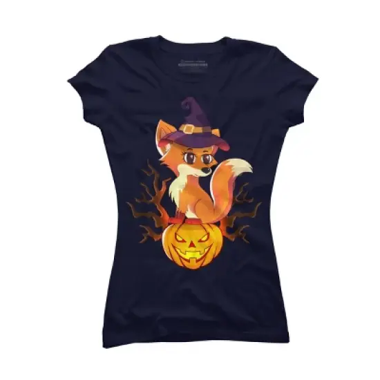 Junior's Design By Humans Cute Witch Fox With Jack O Lantern Halloween Shirt By thebeardstudio T-Shirt image {5}