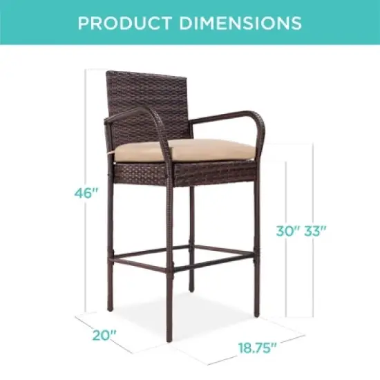 Best Choice Products Set of 2 Wicker Bar Stools w/ Cushion, Footrests, Armrests for Patio, Pool, Deck image {6}