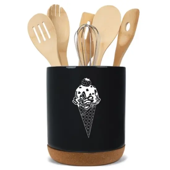 Elanze Designs 8 inch Ice Cream Waffle Cone Large Ceramic Kitchen Utensil Holder Black and White Crock with Cork Base image {5}