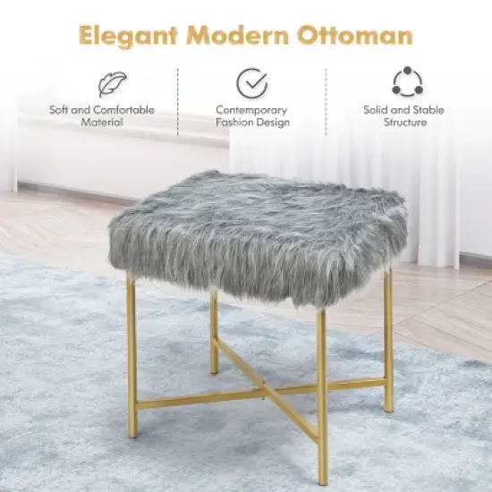 Costway Faux Fake Fur Stool Ottoman Footrest Stool Decorative with Metal Legs GreyPinkWhite image {7}