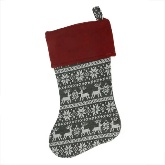 Northlight 19" Festive Grey, White and Red Snowflakes & Reindeer Knit Christmas Stocking image {2}