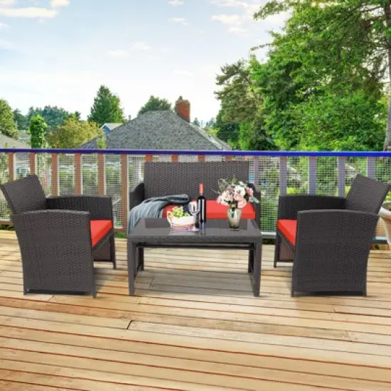 Tangkula 4PCS Outdoor Patio Furniture Sets Weather-Resistant Rattan Sofas w/ Soft Cushion Red image {3}