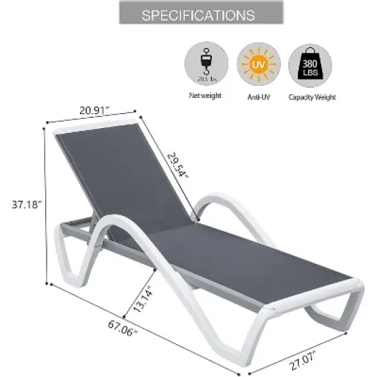 Kumasinova Modern Patio Chaise Lounge,Reclining Outdoor Pool Chaise Long Chairs,Aluminum Patio Long Chaise for Poolside&Backyard image {2}