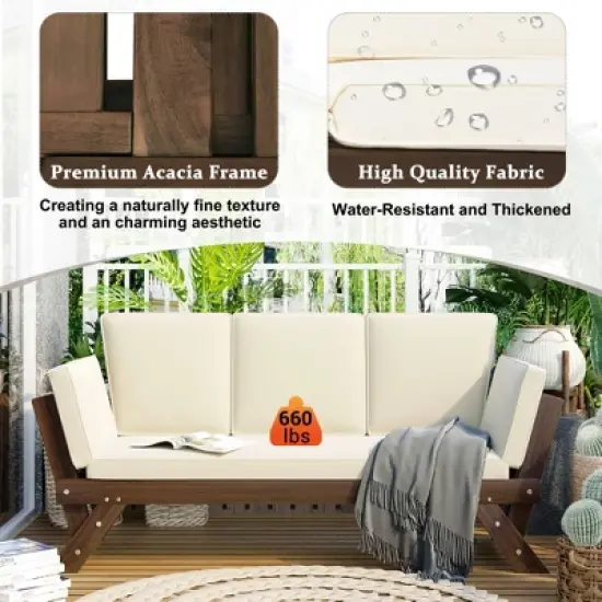 Outdoor 3-Seater Sofa, Patio Wooden Daybed Chaise Lounger with Adjustable Arm and Cushion for Garden, Backyard -ModernLuxe image {2}