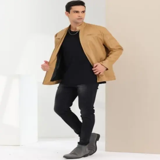 Lars Amadeus Men's Stand Collar Zip Up Motorcycle Biker Faux Leather Jacket image {3}