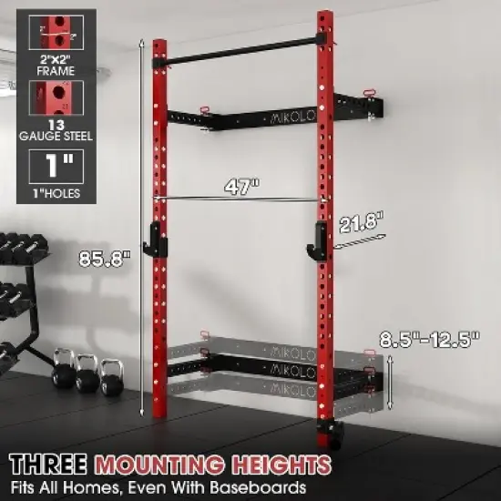 ER Kang 2" x 2" Folding Squat Rack Wall Mounted, Power Rack with Pull Up Bar, J Hooks, Landmine, Space-Saving Home Gym 1000 LBS Capacity, Red image {5}