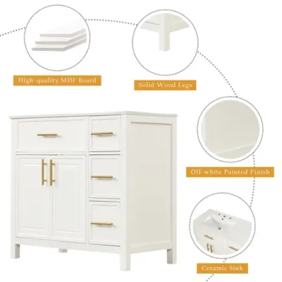 36" Bathroom Vanity with Sink Top, 2 Doors and 3 Drawers, Off White  4W - ModernLuxe image {10}
