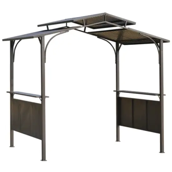 Outsunny 8'x5' BBQ Grill Gazebo with 2 Side Shelves, Outdoor Double Tiered Interlaced Polycarbonate Roof with Steel Frame, Brown image {5}