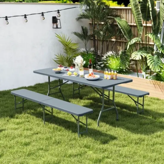 Tangkula 3 PCS Folding Picnic Table Set w/ 6 ft Table & 2 Benches HDPE Tabletop Bench Top Gray image {1}