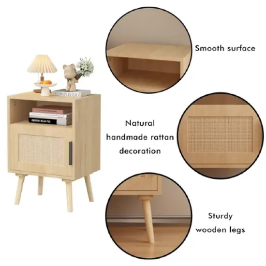 KWPZQEB Rattan Nightstand, Boho Side Table with Drawer & Open Shelf, Cane Accent Bedside End Table with Legs for Bedroom and Small Spaces, Natural image {5}