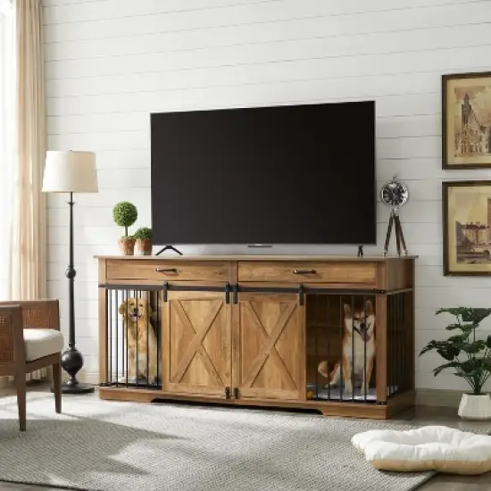 Large Dog Crate Furniture with Divider, Barn Door Design, Tabletop & Storage Drawers, Fits Dogs up to 200 lbs image {12}