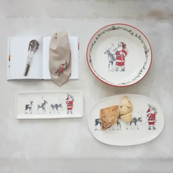 Storied Home Round Stoneware Bowl with Santa and Reindeer Image and Colored Rim, Red, Black and White image {1}