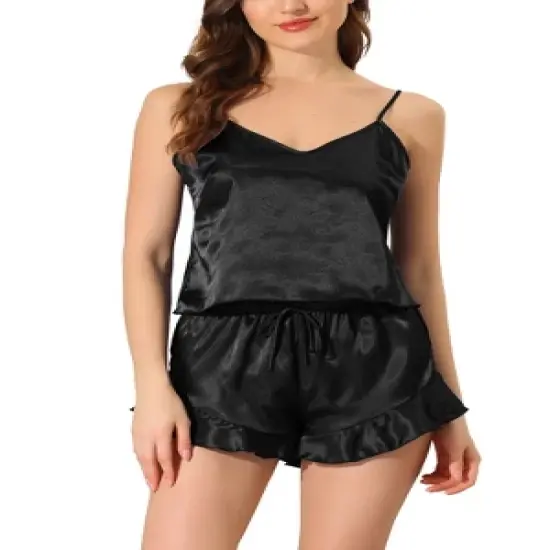 cheibear Women's Satin Spaghetti Cami Tops Shorts Sleepwear Lounge Sets image {5}
