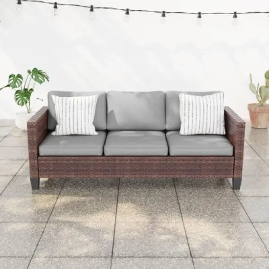 Sonkuki Outdoor Wicker Patio 3-Seat Sofa, PE Rattan Conversation Set With All-Weather Cushions image {6}