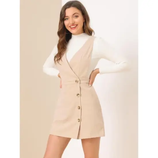 Allegra K Women's Corduroy Mini V Neck Vintage A-Line Bib Overall Pinafore Skirts image {3}