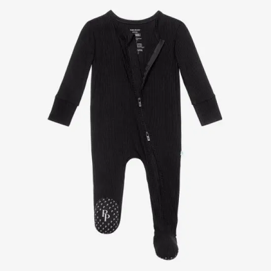 Infant Black Rib Footie Zippered One Piece - Posh Peanut image {2}