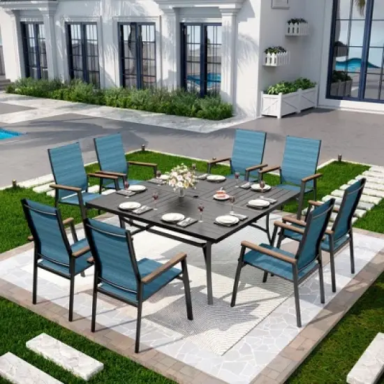 Captiva Designs 9pc Patio Slat-top Square Metal Dining Table & Stackable Textilene Aluminum Chairs image {16}