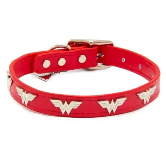 Buckle-Down Vegan Leather Dog Collar - DC Comics Wonder Woman Red with WW Icon Embellishments & Metal Charm image {1}