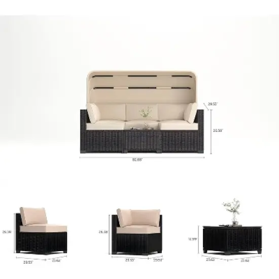 6 Pieces Patio Sectional Sofa Set, PE Rattan Daybed, Outdoor Wicker Sunbed Chaise Chair, Adjustable Backrest, for Poolside, Backyard image {5}