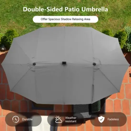 Costway 15 FT Twin Patio Double-Sided Umbrella 48 Solar LED Lights Crank Outdoor Gray image {9}