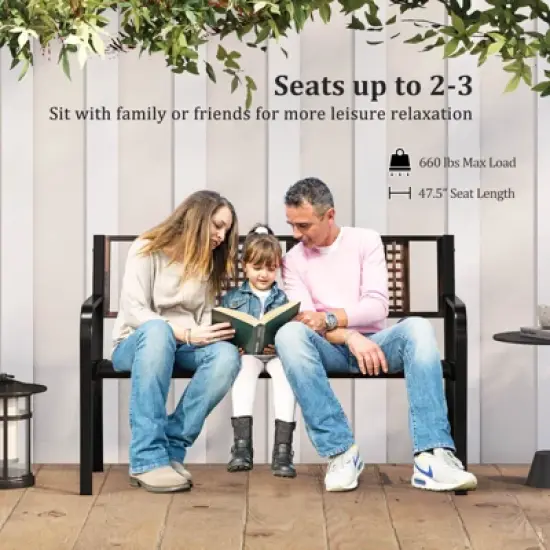 Costway 50" Outdoor Metal Park Bench with Rattan-Like Backrest & Curved Armrests image {6}