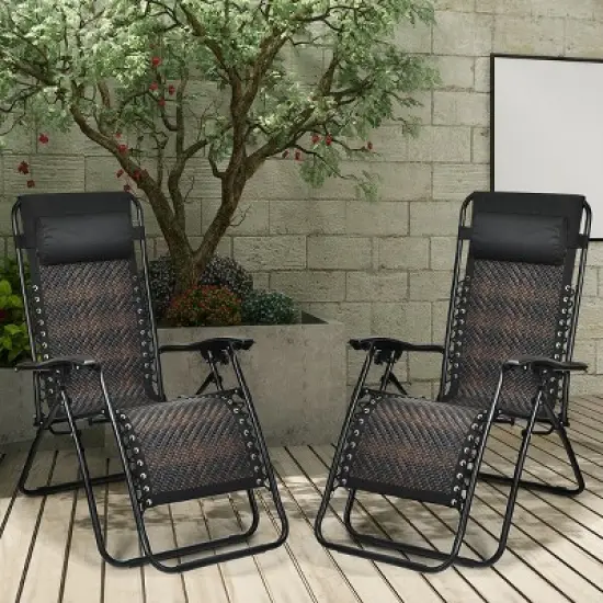 Tangkula 2PCS Mix Brown Folding Recliner Patio Rattan Zero Gravity Lounge Chair W/ Headrest image {1}