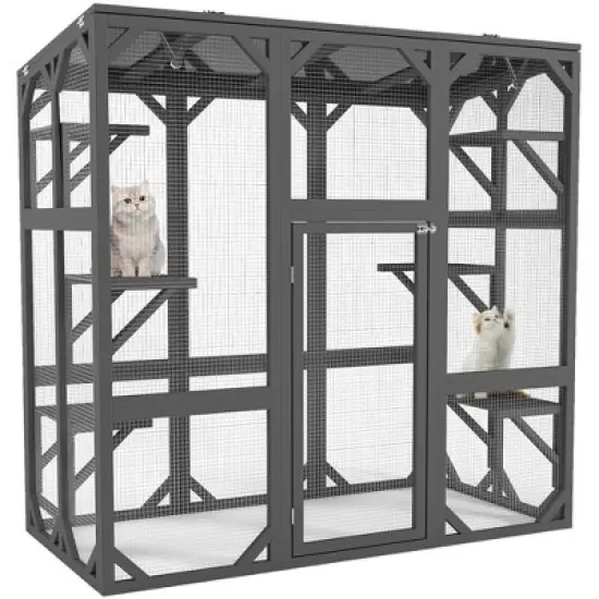 Catio Outdoor Cat Enclosure, 59" Wooden Cat House with 6 Platform, Large Cat Kennel Condo with Waterproof Roof, Feral Cat Shelter for Multiple Cats image {7}