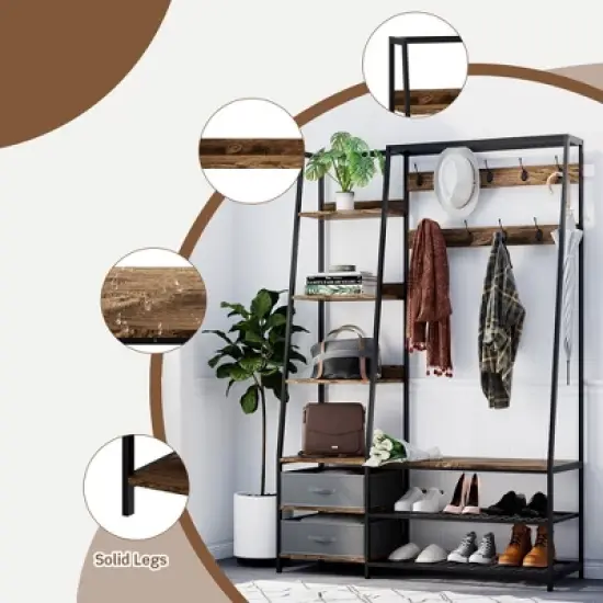Tangkula 6-in-1 Freestanding Hall Tree Coat Rack w/ Bench & Fabric Dressers Rustic Brown image {3}