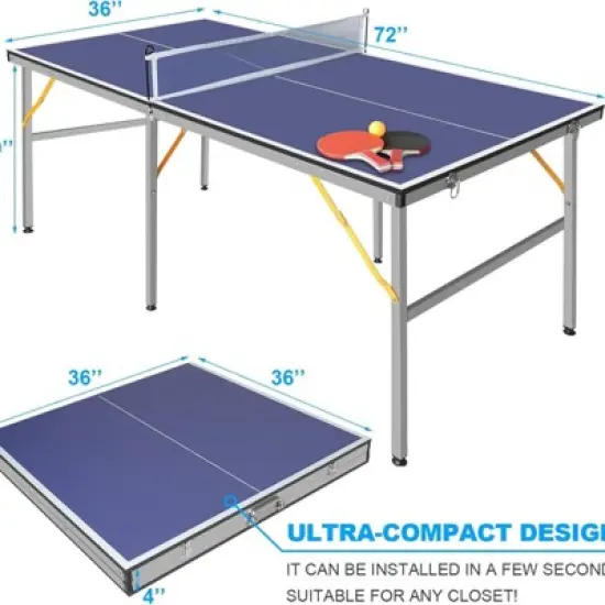 DSVIMOY Portable Ping Pong Table, 6ft Compact Foldable Table Tennis Table Set with Net, 2 Paddles & 3 Balls for Indoor Outdoor, Blue, 72"*36"*30" image {2}