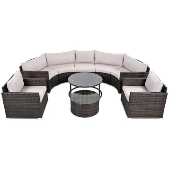 Whisen Modern Style Outdoor Half-moon Patio Sofa Set, 9-Pieces Round Sofa Set image {4}