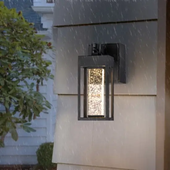 ALOADECOR Modern LED Outdoor Black Dusk to Dawn Sensor Wall Lantern Sconce with Seeded Glass and built-in GFCI Outlets image {1}