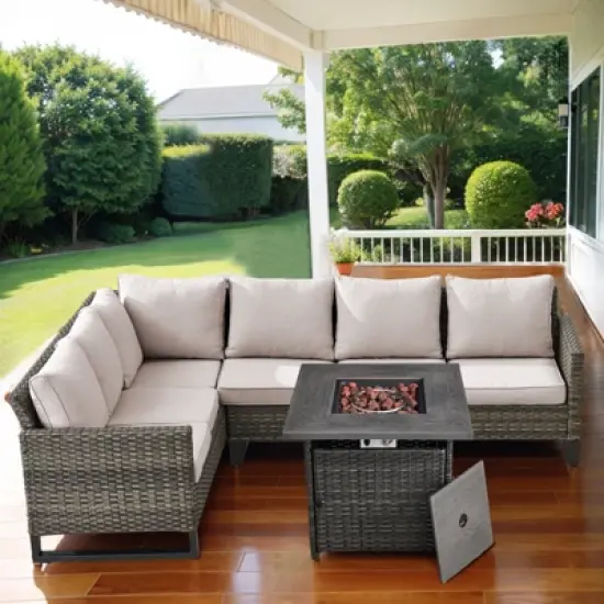 Buenhomino 4 Pieces Outdoor Patio Furniture Set with 30" 50000BTU Fire Pit Table, Rattan Patio Sectional Sofa Conversation Set with Propane Fire Pit image {7}