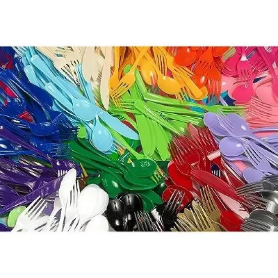 Exquisite Solid Color Plastic Utensil Cutlery Set Forks Spoons Knives- 150 Pack image {5}